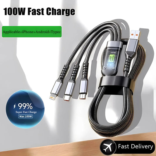 100W Fast Charging 3-in-1 Cable – USB Type-C / Lightning / Micro USB in Braided Nylon
