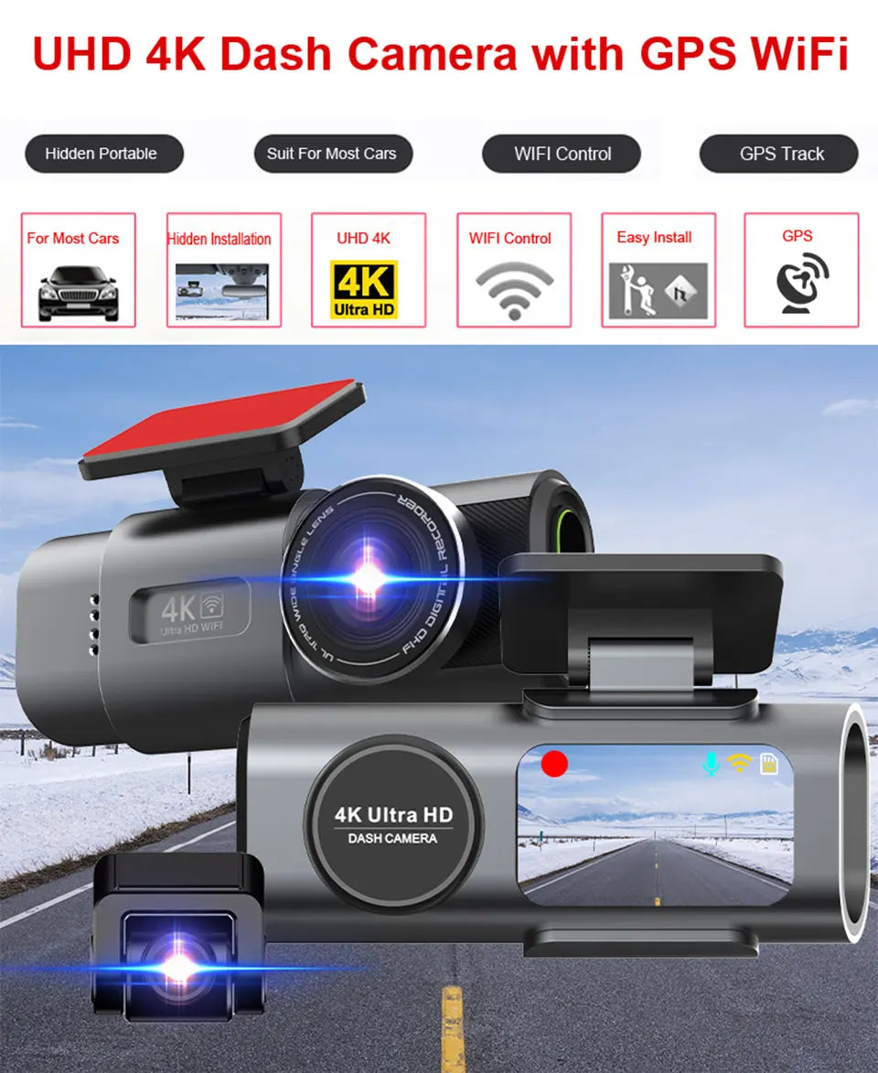 4K UHD Dash Cam with WiFi & GPS – Night Vision and 24H Parking Surveillance Car Camera