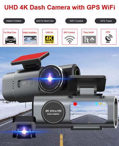 4K UHD Dash Cam with WiFi & GPS – Night Vision and 24H Parking Surveillance Car Camera