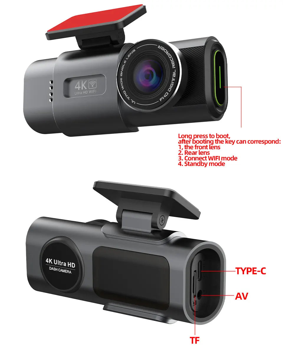 4K UHD Dash Cam with WiFi & GPS – Night Vision and 24H Parking Surveillance Car Camera