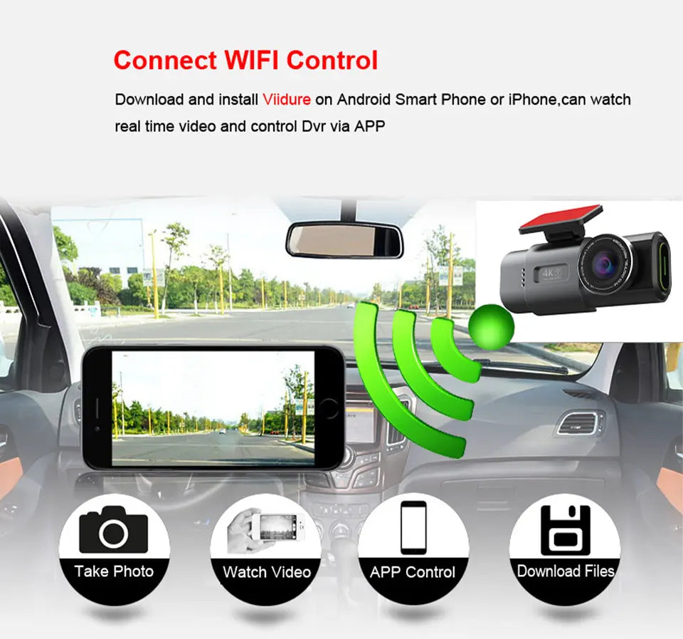 4K UHD Dash Cam with WiFi & GPS – Night Vision and 24H Parking Surveillance Car Camera