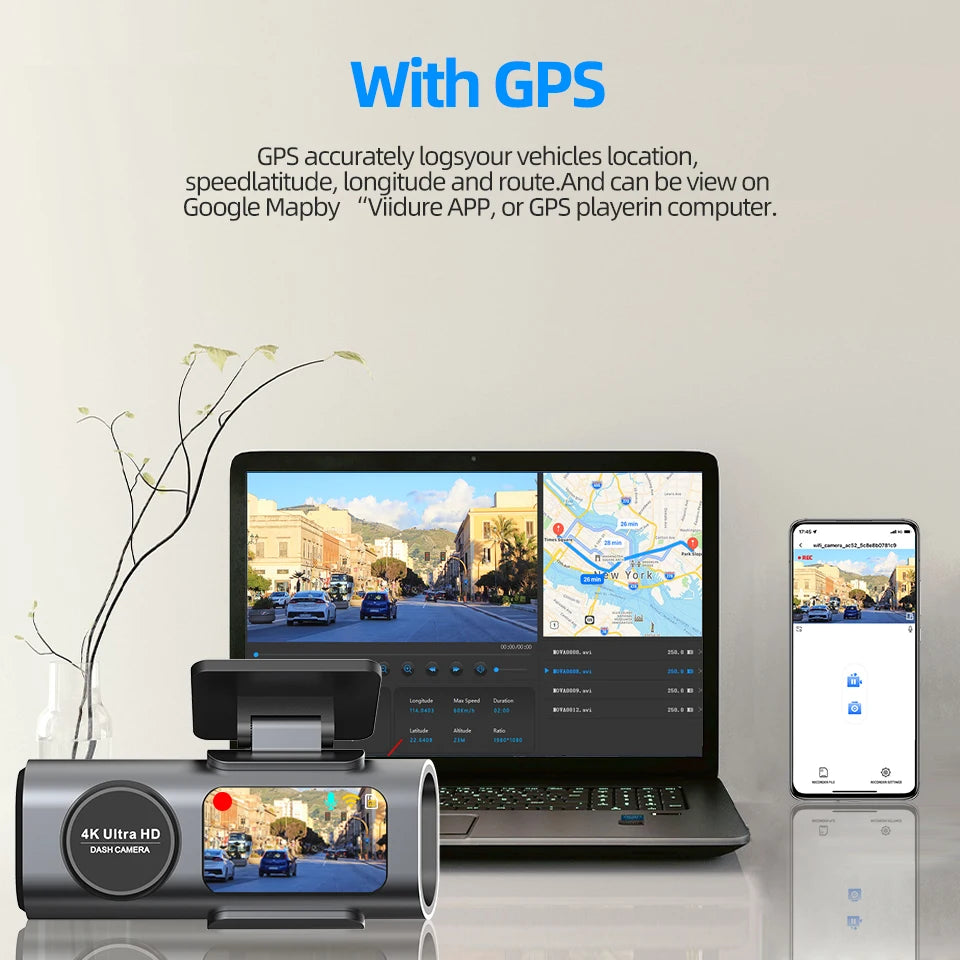 4K UHD Dash Cam with WiFi & GPS – Night Vision and 24H Parking Surveillance Car Camera