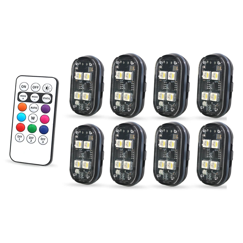 Lot de 2/4/6/8 LED Stroboscopiques Sans Fil pour Voiture – Lumières RGB Rechargeables Anti-Collision avec Télécommande