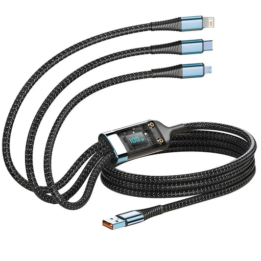 Câble Charge Rapide 100W 3 en 1 – USB Type-C / Lightning / Micro USB en Nylon Tressé